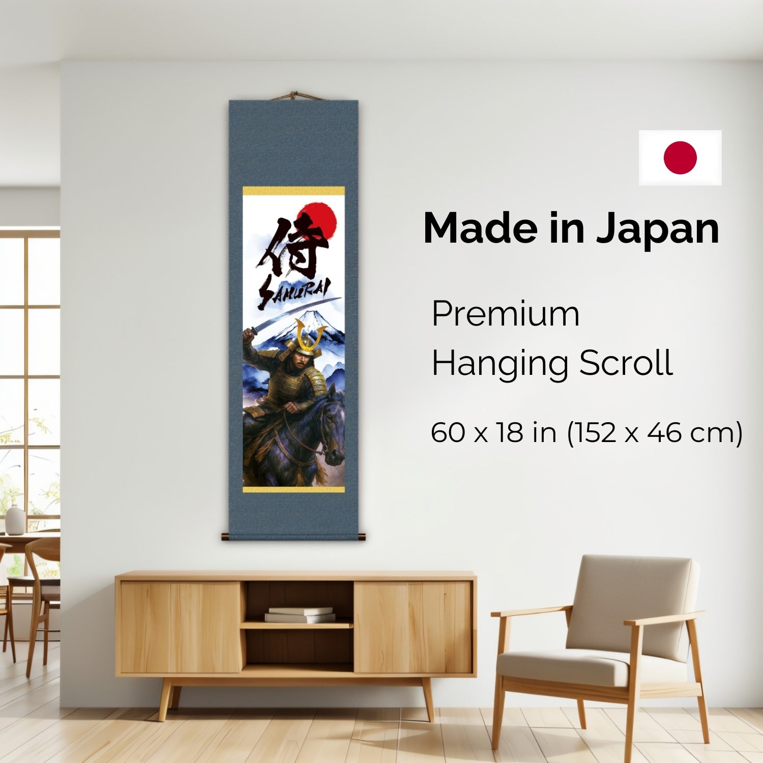 Kakemono mural samouraï japonais – Samouraï monté avec épée et Mont Fuji 
