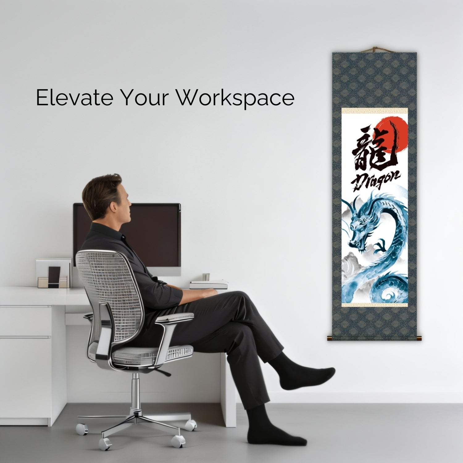 Japanese Dragon Kakemono Wall Scroll – Blue Rising Dragon
